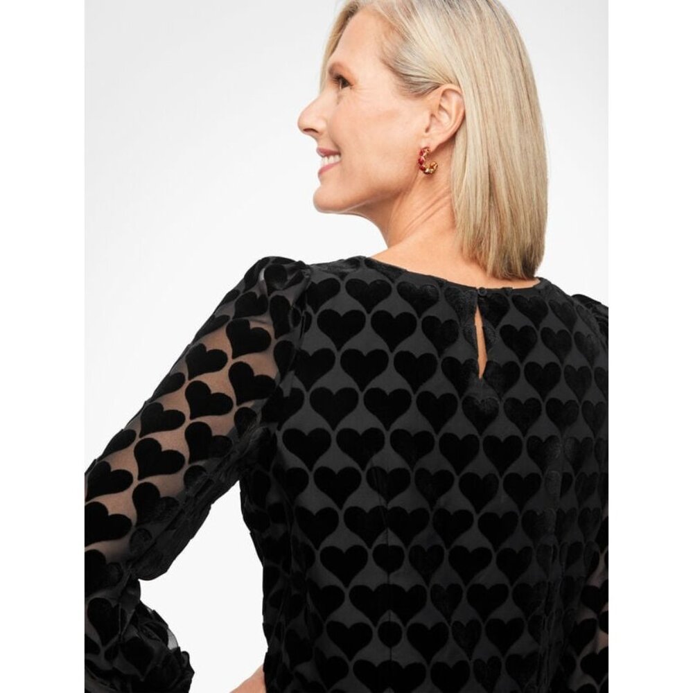 Talbots Heart Print Velvet Blouson Top in Black Size Mp - Picture 2 of 13